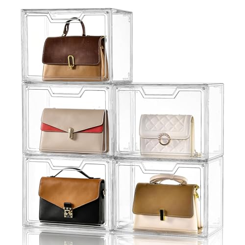 Purse Organizer for Closet,Clear Acrylic Display Case for Handbag Organizer, Purse Storage Box with Magnetic Door, Plastic Storage Bins for Book, Collectibles, Cosmetic (5 Pack)
