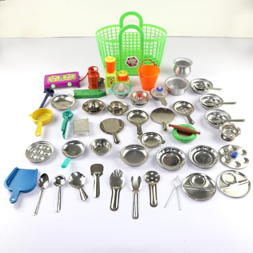 Image of Miniature Kitchen Set for Kids Girls | Real Cooking Kit for Play | Steel Kitchen Set for Girls | Choppu Jaman | Miniature Cooking Set (Pack - 50)