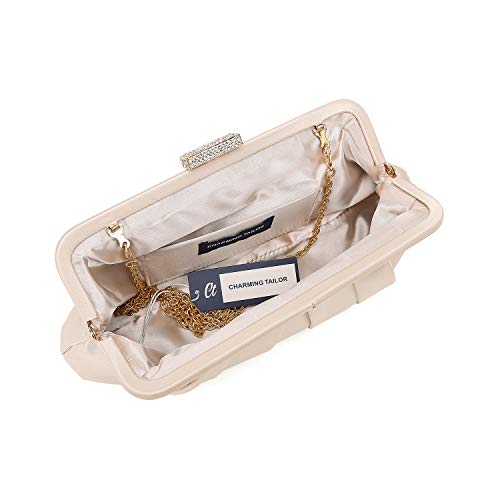 CHARMING TAILOR Classic Pleated Satin Clutch Bag Diamante Embellished Formal Handbag for Wedding/Prom/Black-Tie Events (Champagne)