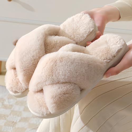 Fuzzy Slide Slippers for Women – Open Toe Faux Fur House Shoes with Memory Foam, Cute Indoor Bedroom Slippers for Ladies & Teens3