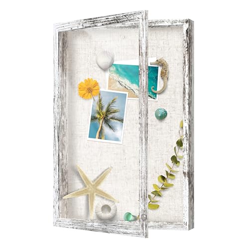 FrameWorks 12x18 Deep Shadow Box Frame, Wooden Display Case w. Linen Board & Tempered Glass Door - Distressed White - Large - Wall Mounted