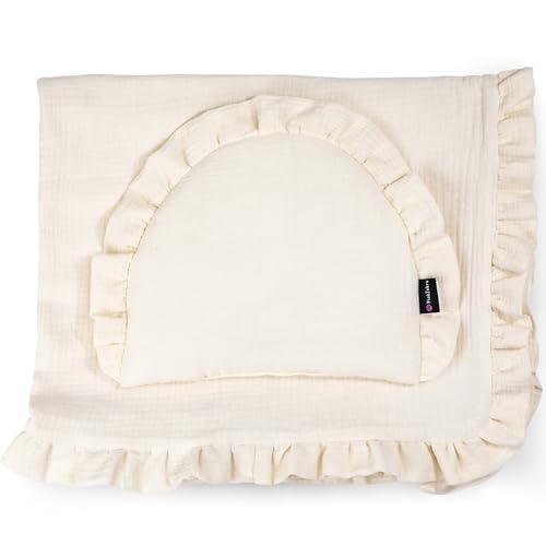 PinkZebra Musselin-Bettwäsche mit Rüschen, hochwertiges Bettenset: weiches Flachkissen + 4-lagige Decke aus 100% Bio-Baumwolle, Kuscheldecke, Schlafdecke, Creme
