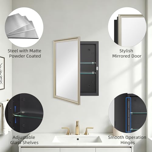 IDYLLOR Black Medicine Cabinet with 14x18 Inch Gold Frame Mirrored Door, Wall Mounted Storage, Recessed or Surface Mount, 2 Adjustable Glass Shelves, Vanity Organizer for Bathroom, Bedroom, Hallway by IDYLLOR - Used condition - Image 5