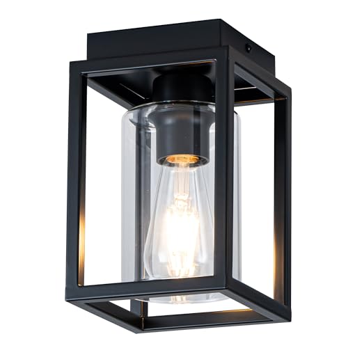 Mayful Flush Mount Ceiling Light Fixture with Clear Glass Shade, Farmhouse Black Metal Frame Light Fixture for Kitchen Island Entryway Porch Foyer Dining Room, E26 Ceramic Base