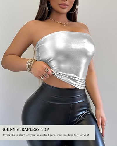 Metallic Tube Top for Women - Stretchy Shiny Strapless Elastic Bandeau Bra Crop | Clubwear, Party, Festival, Dancing4