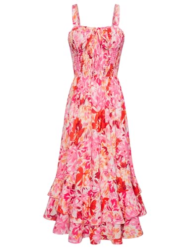 GRACE KARIN Women's 2026 Summer Floral Boho Dress Square Neck Strapped Swing A Line Sundress Beach Long Maxi Outfits Red Pink L