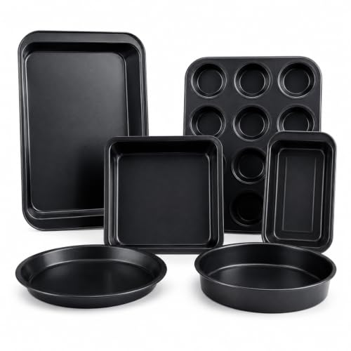 6 Stück Küche Antihaft-Backform Set, mit Runder/Eckiger Kuchenform, Muffinform, Brotform, Backform, Pizzablech und Backblech, Kuchen & Pizza