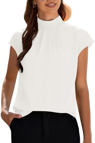 Funlingo Womens Summer Tops Mock Neck Short Cap Sleeve Blouses Bu...