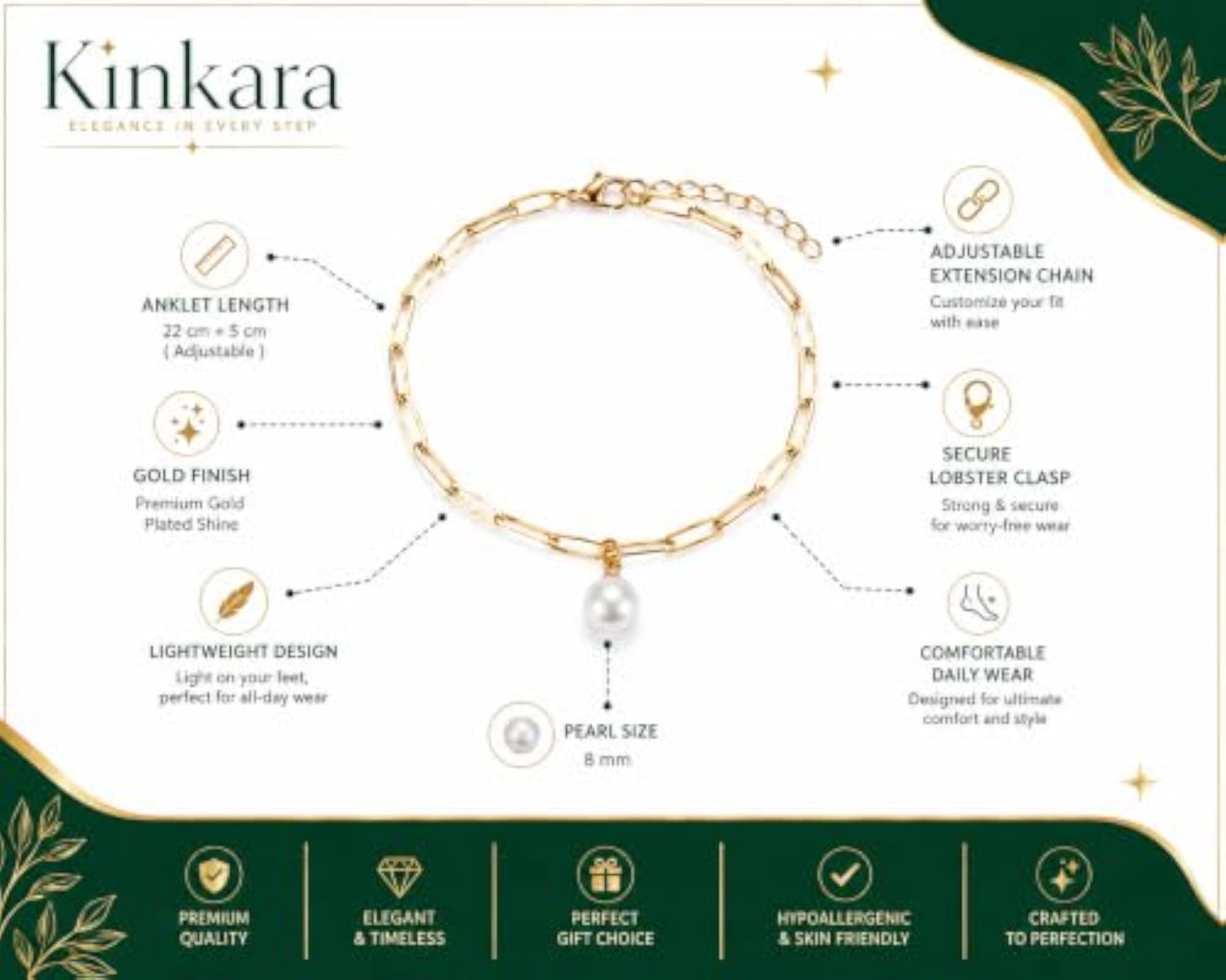 Women's Adjustable White Pearl Anklet, Elegant Beaded Bracelet