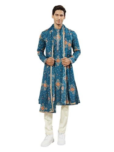 Image of VASTRAMAY Men Men's Turquoise Chinon Kurta Pyjama And Dupatta Set For Men.
