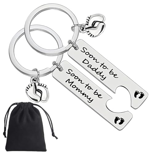 ShaLovelyna 2PCS New Parents Keyrings Sliver Pregnancy Announcement Keyring Meaningful Parents to Be Keychain with Velvet Gift Bag for Future Mother Father