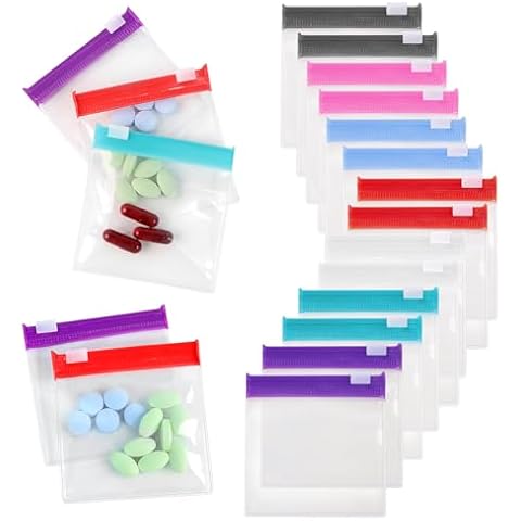 Reusable Zippered Pill Pouch with Slide Lock - 14 Piece Set in 7 Colors - Travel Pill Case for Medicine, Qtips & Small Items - Compact Pill Bags for Trave Cover
