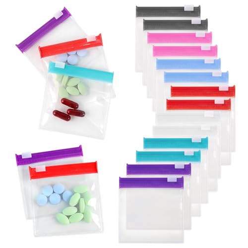 Reusable Zippered Pill Pouch with Slide Lock - 14 Piece Set in 7 Colors - Travel Pill Case for Medicine Qtips & Small Items - Compact Pill Bags for Trave