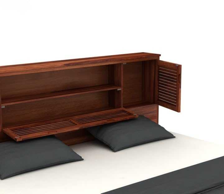 Image of Solid Wood Bed with Storage | Modern Wooden Bed with Slatted Headboard | Strong & Durable Bed Frame for Bedroom Home & Hotel (Honey Finish, King)