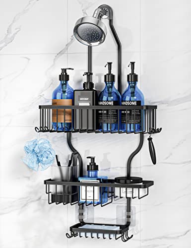 YASONIC Shower Caddy Hanging - Never Rust Shower Organizer - Aluminum over The shower head caddy with 10 Hooks for Razor/Sponge - Shower Rack with Soap Basket - Black
