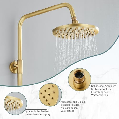Rozin Messing Antik Duscharmatur mit Handbrause Duscharmatur 8 Zoll Duschkopf Regenduschkopf Regenbrause mit Lagerregal