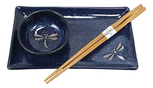 Ebros Gift Japanese Tombo Dragonfly Blue Ceramic Sushi Or Sashimi Dinnerware Set Service For Two Includes 2 Each Of Plates Sauce Bowls And Chopsticks Made In Japan Home Decor Dining Housewarming Gift #TOP3