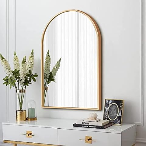Dewfig Arched Wall-Mounted Mirror, 24"x36" Arch Bathroom Mirror, Gold Vanity Mirror for Wall Décor, Wall Mirror with Metal Frame for Bedroom, Entryway, Living Room, Brushed Gold Cover