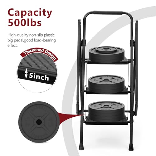 Image of 4 Step Ladder with Handrails,Folding 4 Step Stool with Handrails, Sturdy Steel Ladder with Wide Pedal, 500lbs Capacity Step Ladder for Household, Kitchen,Office, Black