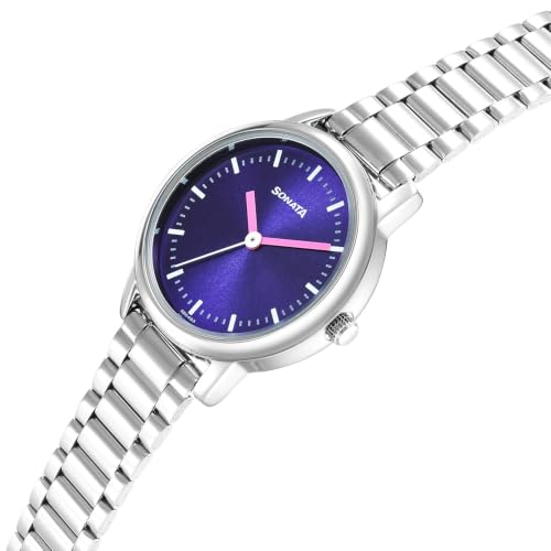 Image of Sonata Plain 3 Hands Metal Blue Round Dial Steel Colour Stainless Steel Strap Womens Watch - 8172SM03