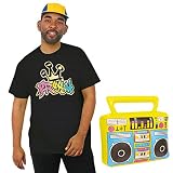Bel-Air Prinzessinnen-Kostüm, schwarzes T-Shirt mit frischem Druck, gelber und blauer Baseballkappe und aufblasbarer Boombox, TV-Film-Kostüm