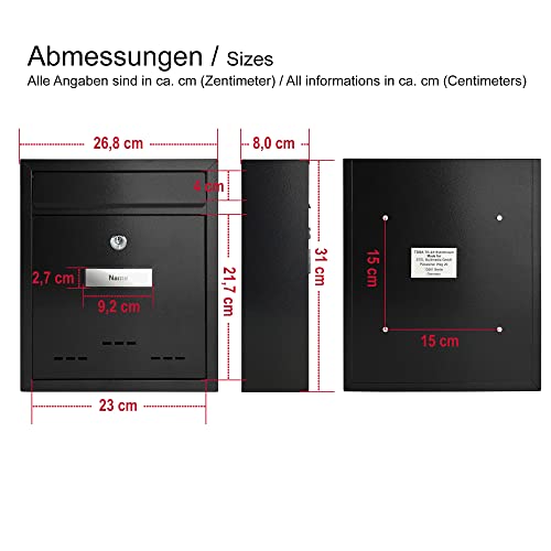 TÄGA 2218 Design Metall Briefkasten schwarz I DIN A4 Einwurfformat I mit Namensschild, Sichtfenster I abschließbar, inkl. 2 Schlüssel