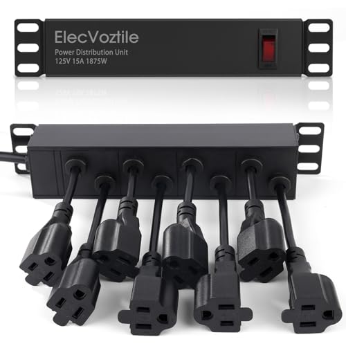 ElecVoztile 10 inch Rack PDU, 8 Rear Outlets, 1020J Surge Protection &15A Overload Switch, 1U Rackmount, Rack PDU Power Strip for 10-inch Mini Server Network Cabinets/Rack/Self, 6ft Cable