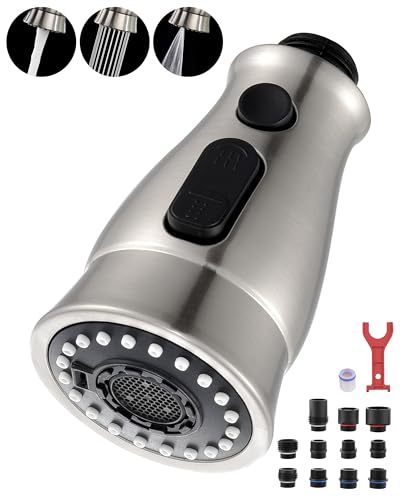 J-HVA Kitchen Faucet Sprayer Head Replacement with 15 Adapters (UPDATED) - Pull Down Kitchen Sink Faucet Spray Nozzle Head Replacement 3-Function Tap Spray Head for Kitchen Sink, Brushed Nickel