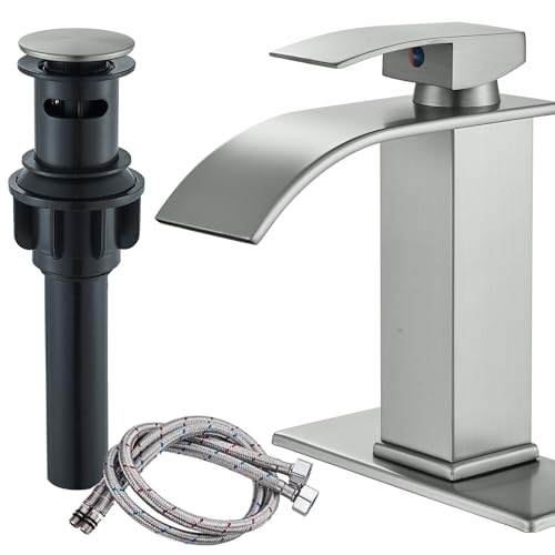 NeierThodore Bathroom Sink Faucets with Drain Assembly with Overflow and Supply Line Commercial Single Handle One Hole Waterfall Faucet Deck Mounted Brushed Nickel by NeierThodore - Used condition - CA$34.00