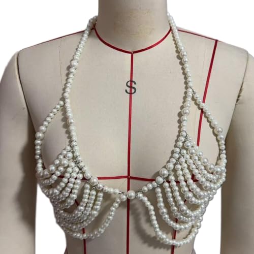 White Pearl Bead Bra Chain Jewelry Backless Tank Top Summer Beach Underwear Chain Festival Rave Pearl Lingerie Body Jewelry for Women by Panxly - Used condition - Image 4