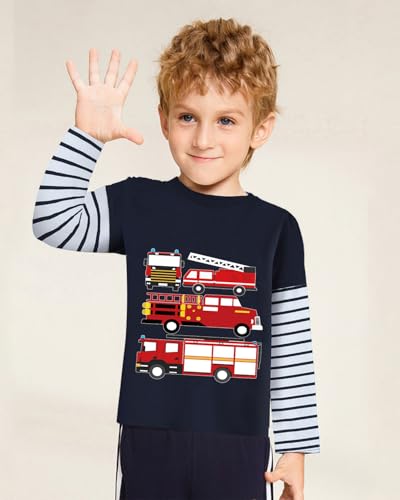 DDSOL Toddler Boy Long Sleeve Shirt Ball Dino Train Planet Excavator Stripe Long Sleeve Tops for Kids 2-7 Years2