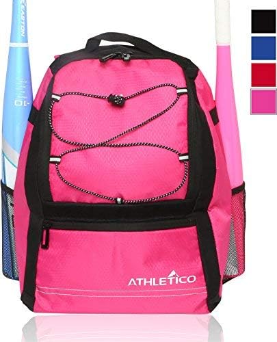 Athletico Youth Baseball Bag - Bat Backpack for Baseball, T-Ball & Softball Equipment & Gear | Holds Bat, Helmet, Glove | Fence Hook (Pink)