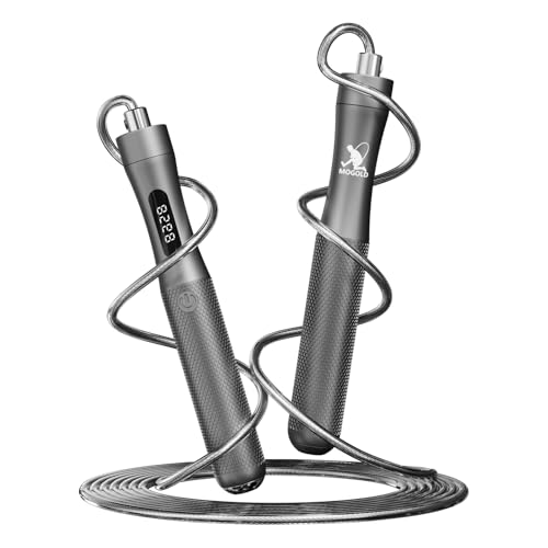 MOGOLD Counting Jump Rope, Gray Aluminum Alloy Handle with PVC Cable, 118 Inch Length, Fast Charging, Ergonomic Design, for Cardio Training (Silver)