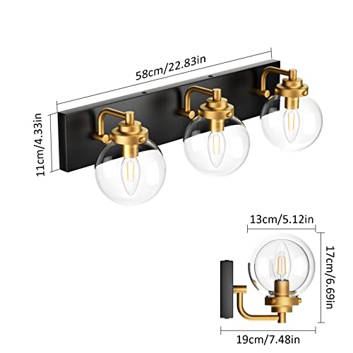 Image of Tipace Black and Gold Bathroom Vanity Light 3-Light Bathroom Light Fixtures Vintage Vanity Lighting Over Mirror with Clear Globe Glass Shade Bathroom Wall Sconce Lighting (Exclude E26 Bulb)