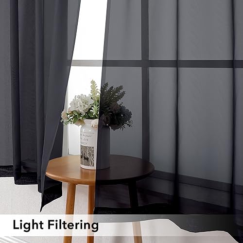 Image of Simplebrand Rod Pocket Top Solid Voile Sheer Curtains for Bedroom, 54 Inch Length Drapes Set of 2, Lightweight and Light Filtering Elegant Black Curtains Panels Window Treatment, 42Wx54L, Black