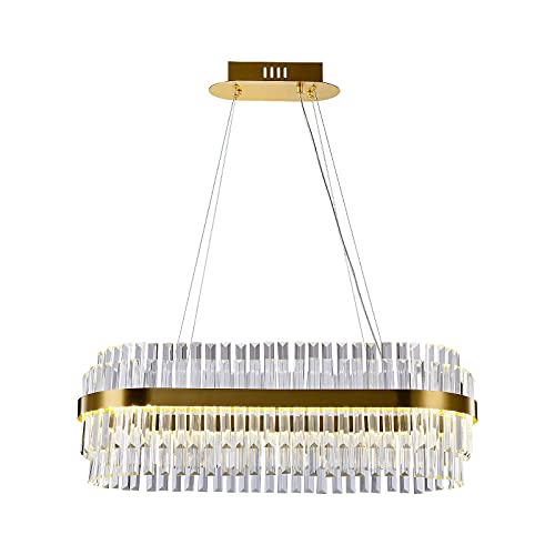 Wabon Modern Crystal Chandelier, L31.5'' Crystal Pendant Lighting Fixture In Gold, 2-Tier Oval Adjustable Hanging Lighting Fixture For Living Room Dining Room Kitchen Island Bedroom #TOP26