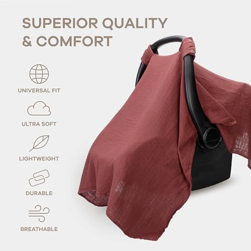 Image of Comfy Cubs Baby Car Seat Cover - Soft, Breathable Bamboo Rayon and Muslin Cotton Blend - Lightweight Canopy for Sun, Bug, and Comfort Protection - Large Size Infant Seat Cover in Wine Design