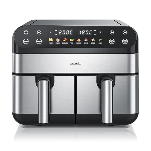 Arendo - Heißluftfritteuse 9L mit 2 Kammern - XXL Kapazität 2 Fächer – Airfryer Backofen - 8 Programme – Touchscreen - 3D Umluftsystem - Antihaftbeschichtung - spülmaschinenfeste Körbe