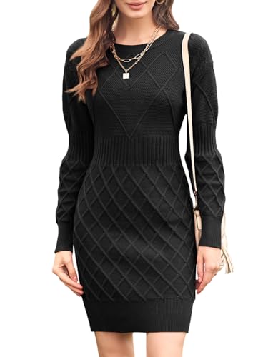 Dyexces Womens Sweater Dress Long Sleeve Crewneck Diamond Knit Sweater Dresses Sexy Slim Fit Pullover Dress