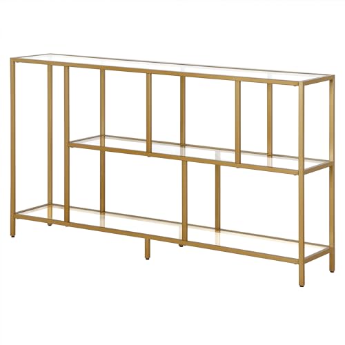 Image of Henn&Hart 52 inch Wide Rectangular Console Table with Glass Shelves in Brass, Entryway Table, Accent Table for Living Room, Hallway