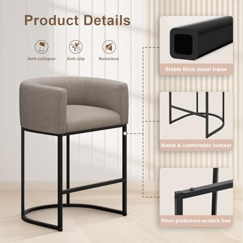 Image of 26 inch H Counter Height Bar Stools Set of 1, Modern Barrel Counter Stools with Backrest and Arms, Linen Fabric Upholstered Accent Barstools for Kitchen Island,Support 450 LBS (Sand)