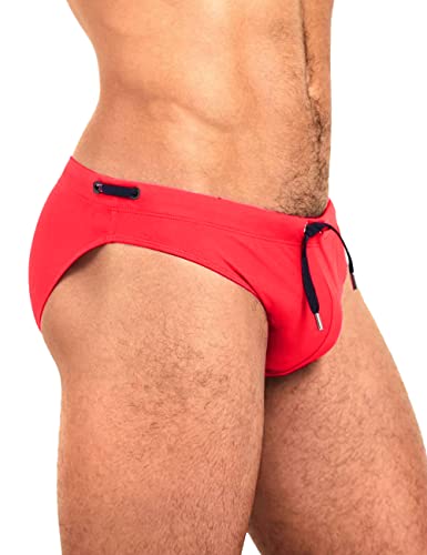 MIZOK Men's Swimwear Bikini Swimming Briefs Drawstring Swimsuits Board Surf Shorts Trunks Red XL