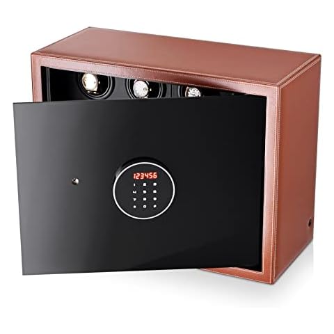 Watch Winder Security Safe for Automatic Watches with Digital Lock, Faux Leather Finish and Interior Backlight (12 Watches, Brown) Cover