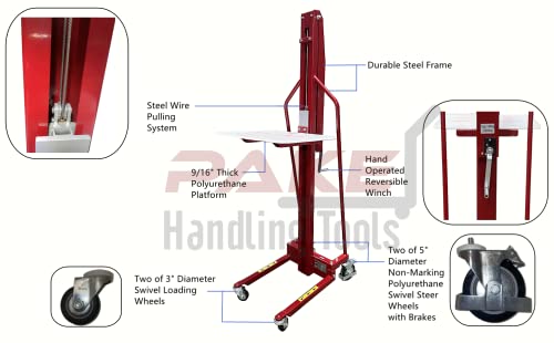 Pake Handling Tools - Winch Stacker, Manual Work Positioner Lift Truck - Steel Lightweight and Easily Maneuverable Lift with 220 lbs Capacity 59\" Lift Height - Thumbnail 6