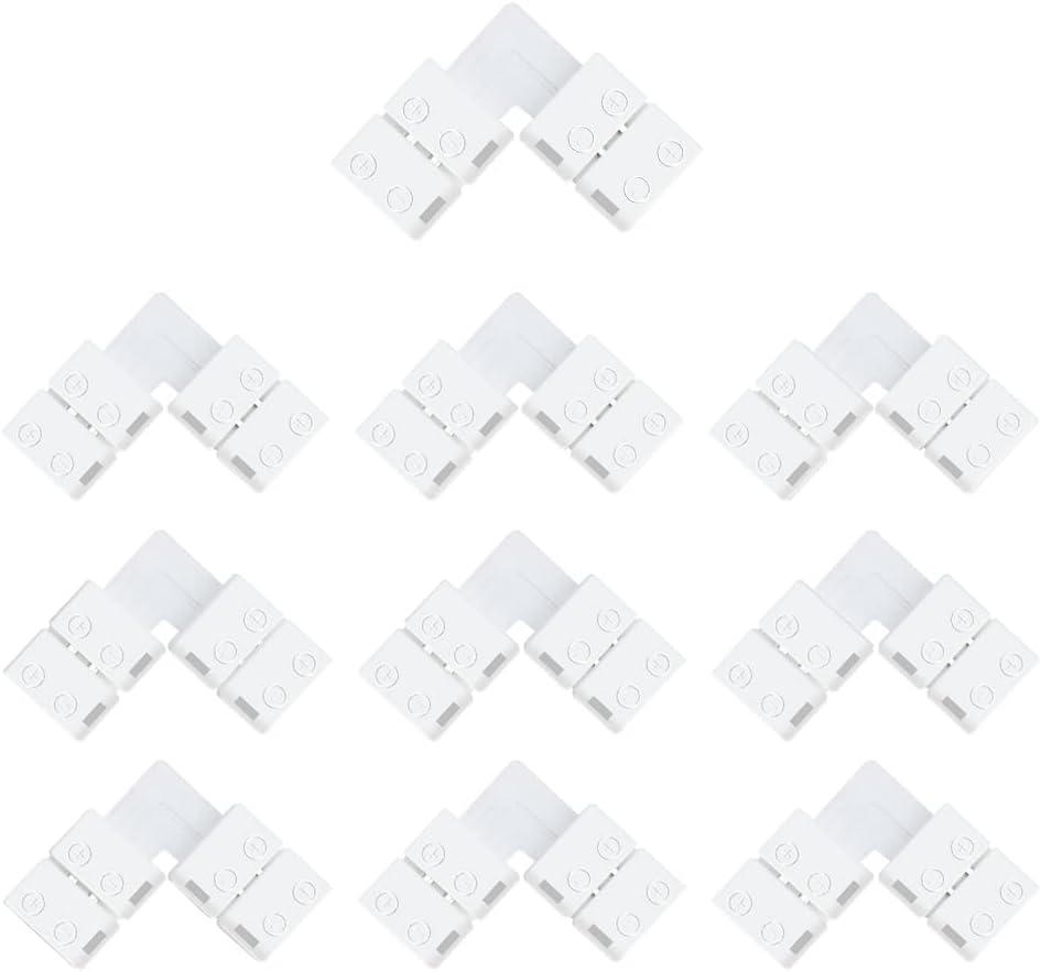 LightingWill 10pcs Pack L Shape Solderless Snap Down 2Conductor LED Strip Connector for Right Angle Corner or 90 Degree Connection of 8mm Wide 3528 2835 Single Color Flex LED Strips