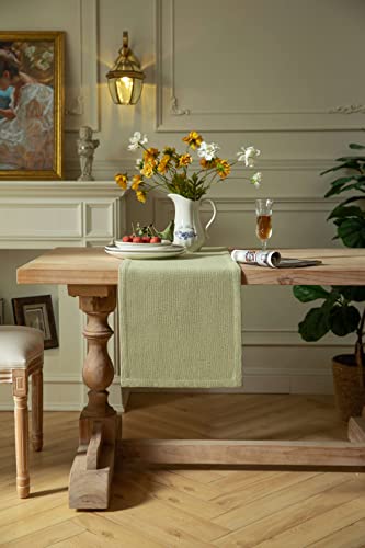 Image of ZeeMart Burlap Style Farmhouse Table Runners 36 Inches Long, Sage Green Rustic Woven Dining Table Runner for Everyday Use, 14x36 Inches, Light Sage Green