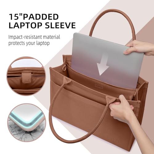 LUYEI Laptop Tote Bag for Women, Large Canvas Totes with Zipper and Key Fob, Work School Bag Travel Shoulder Bag Teacher Nurse Purse（BROWN） by LUYEI - Used condition - Image 3