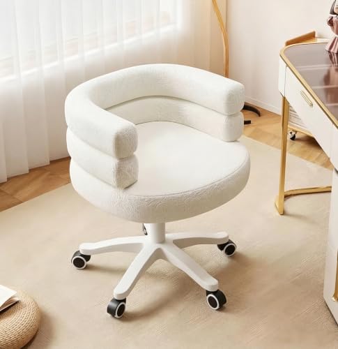 JOMILA Modern Desk Chair with Wheels White Swivel Vanity Chair for Girls Women Upholstered Home Office Chair Boucle Armchair for Bedroom Height Adjustable Computer Task Chair(WHITE)