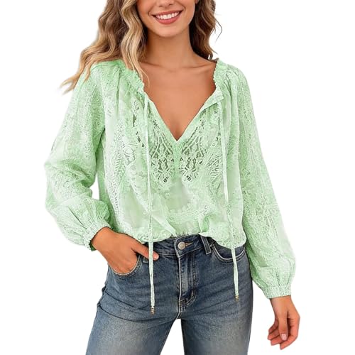Aniywn Womens Flowy Tops Loose Fit Mesh Lace Long Sleeve Tie Front Tops Dressy Casual V Neck Floral Blouse Cute Tunic Shirt Green