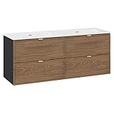 QUALITÄT - FSC - zertifiziertes Produkt (FSC N003697); Warme Holzoptik: Casella Eiche Nachbildung sorgt für eine elegante, natürliche Ausstrahlung.; Moderner Korpus: Der matte schwarze Korpus setzt stilvolle Kontraste für ein edles Design.; Edles Doppelwaschbecken: Mattweißes Waschbecken für eine moderne und zeitlose Optik.; Individuelle Gestaltung: Drei Griff-Sets (Gold, Chrom, Schwarz) für eine flexible Optik im Badezimmer.